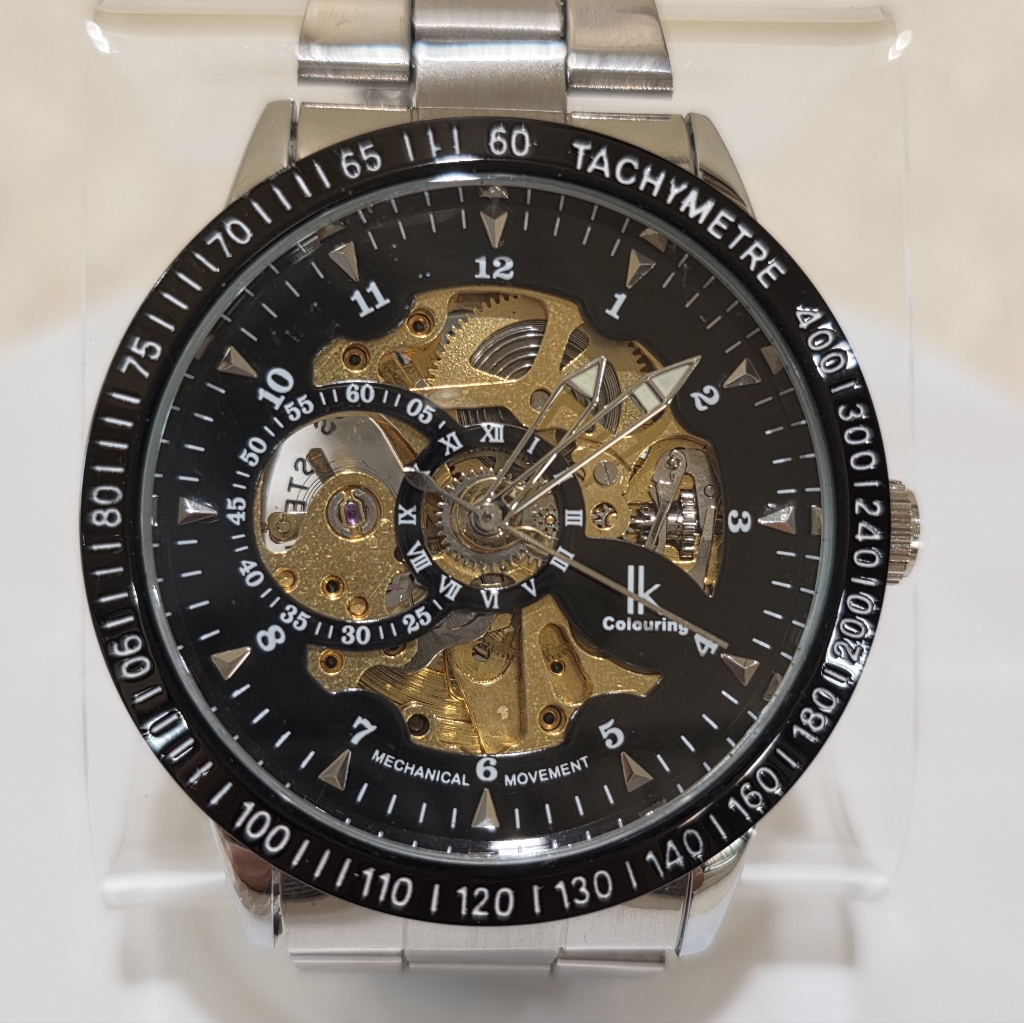 Skeleton Automatic Mechanical Black Gold Clockworks Men's Wrist Watch